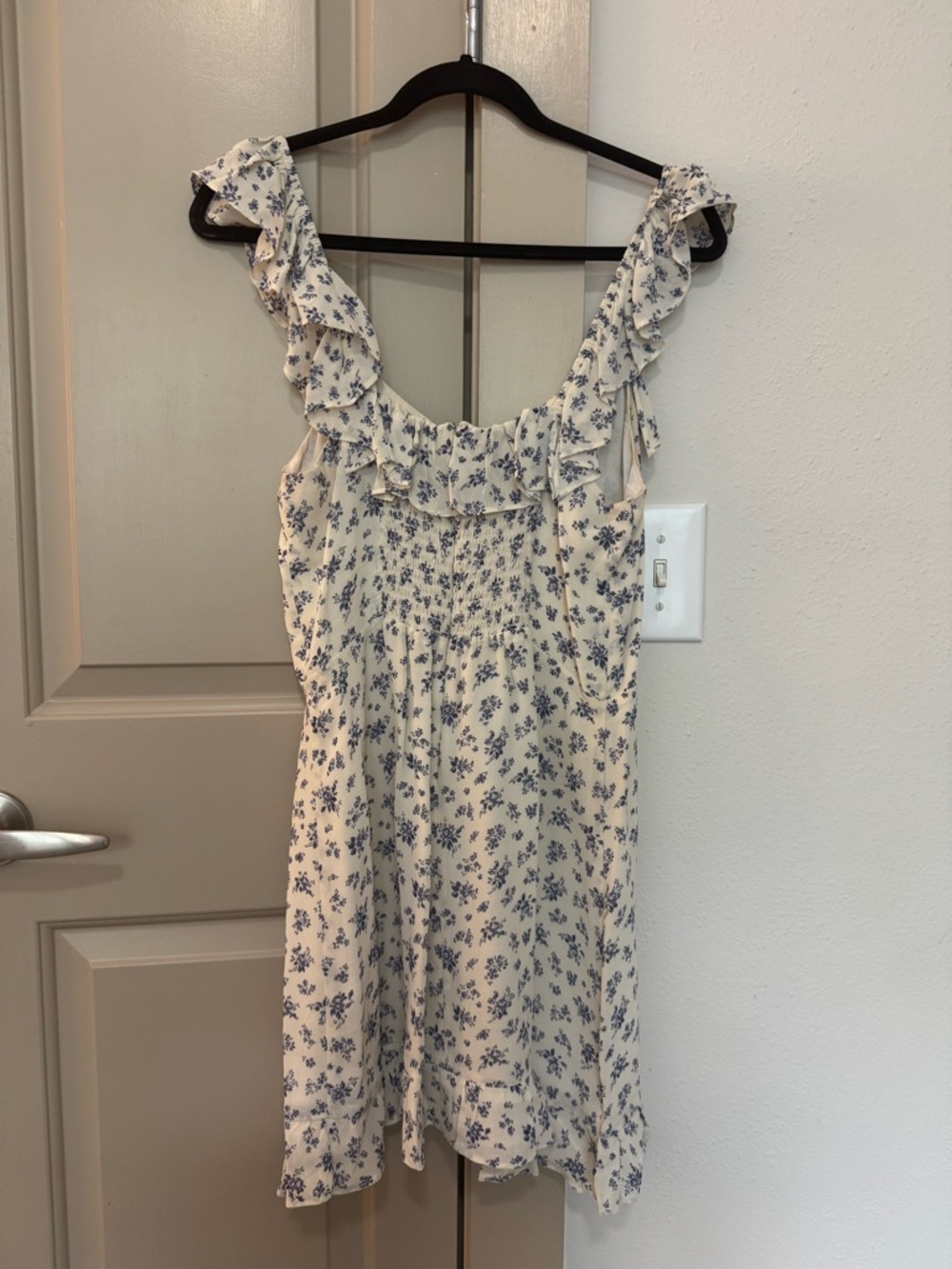 Reformation Floral Ruffle Mini Dress in Cream and Blue - Picture 3 of 5
